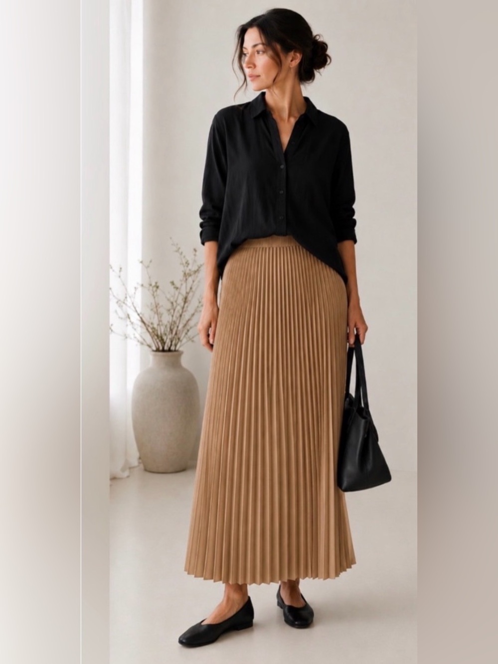 NWT Eileen Fisher Tan Pleated Wool Silk Blend Maxi Skirt